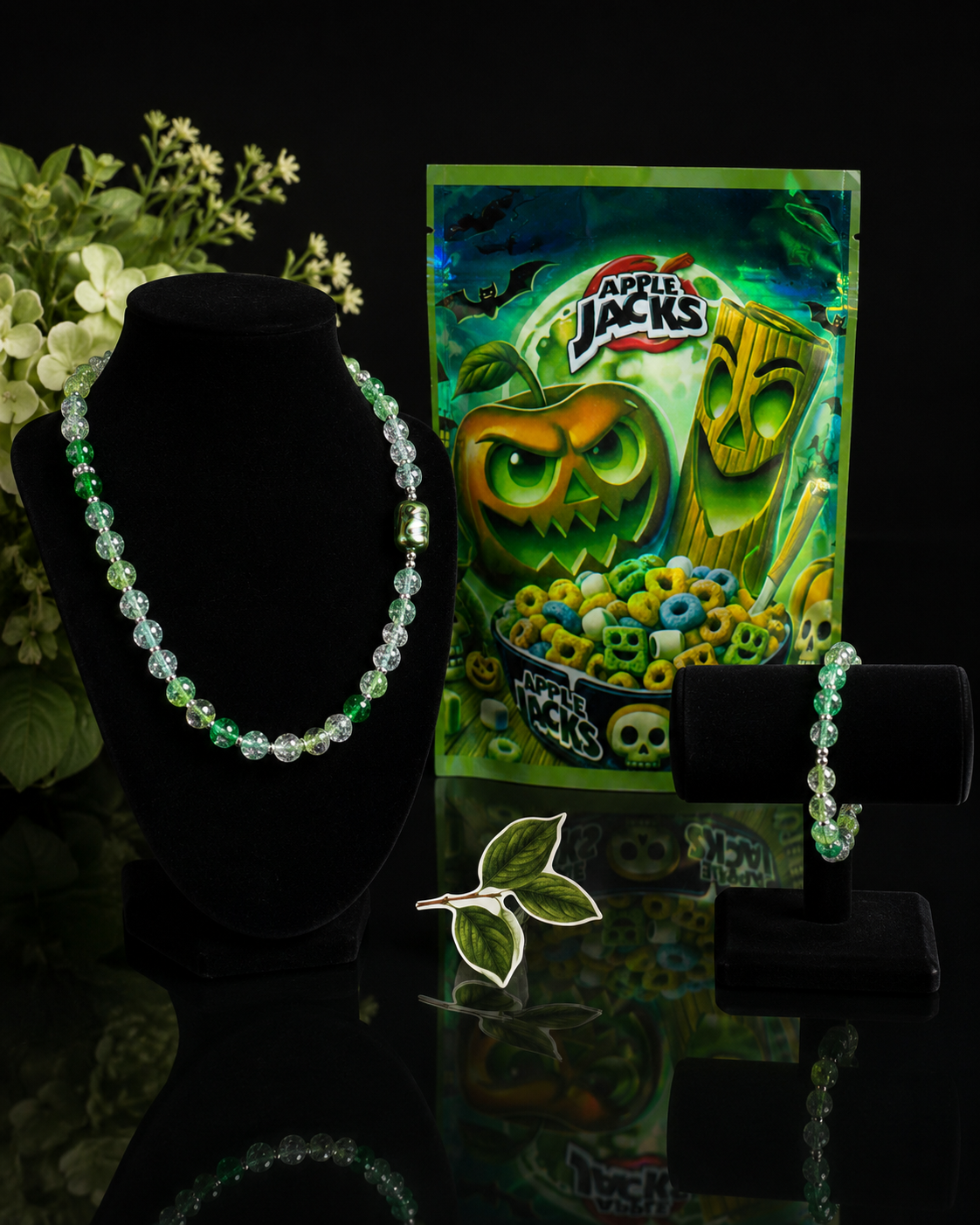 Green Crackle Bead Necklace & Bracelet Set with Accent Bead