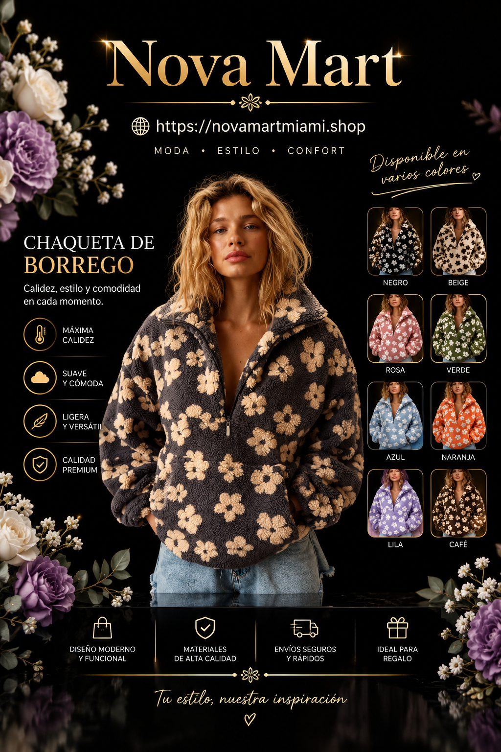 Winter Flowers Lambskin Sweatshirt With Big Pocket Casual Loose Zip-up Lapel Pullover Top Women's Clothing