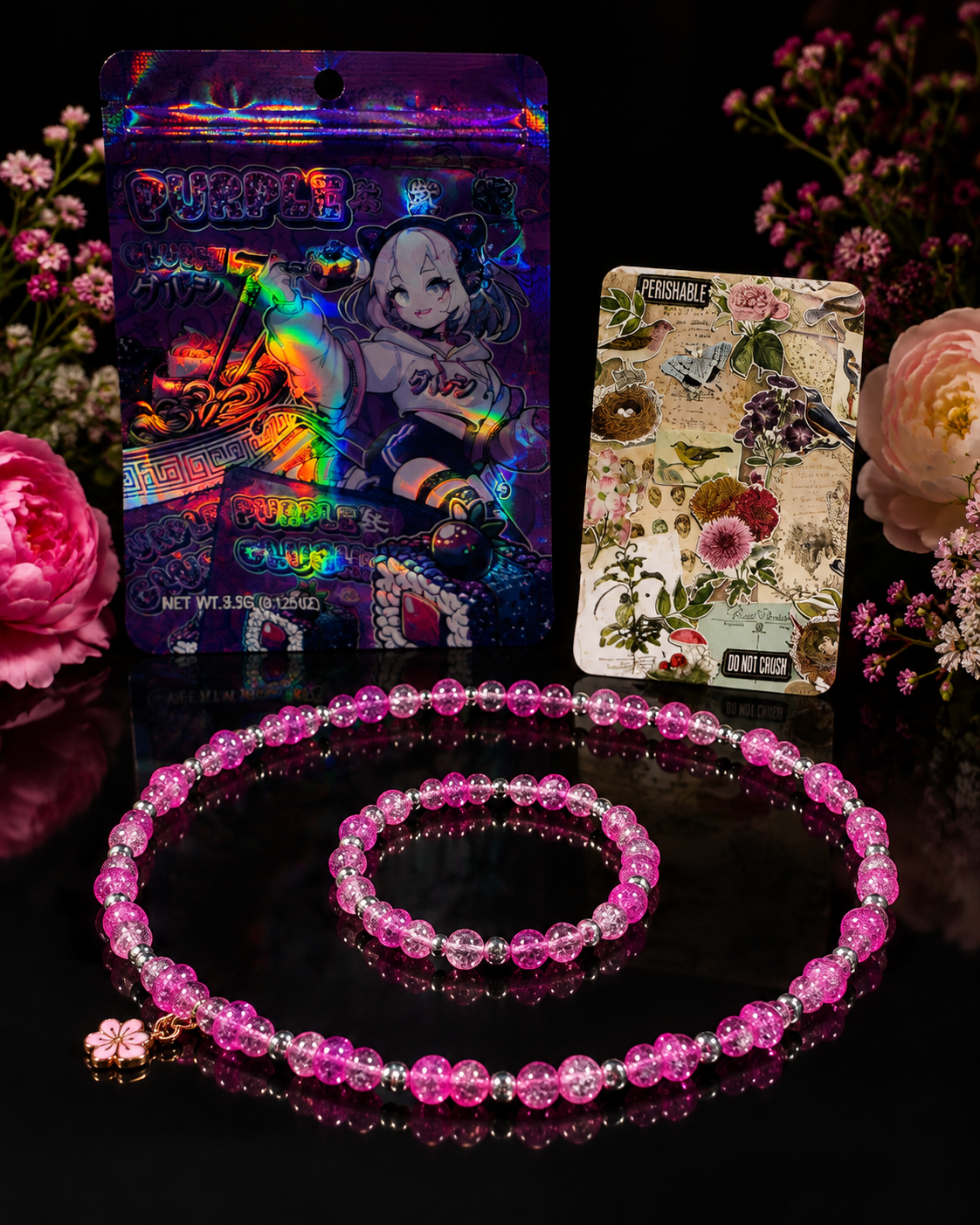 Pink Crackle Beaded Necklace & Bracelet Set with Cherry Blossom Charm