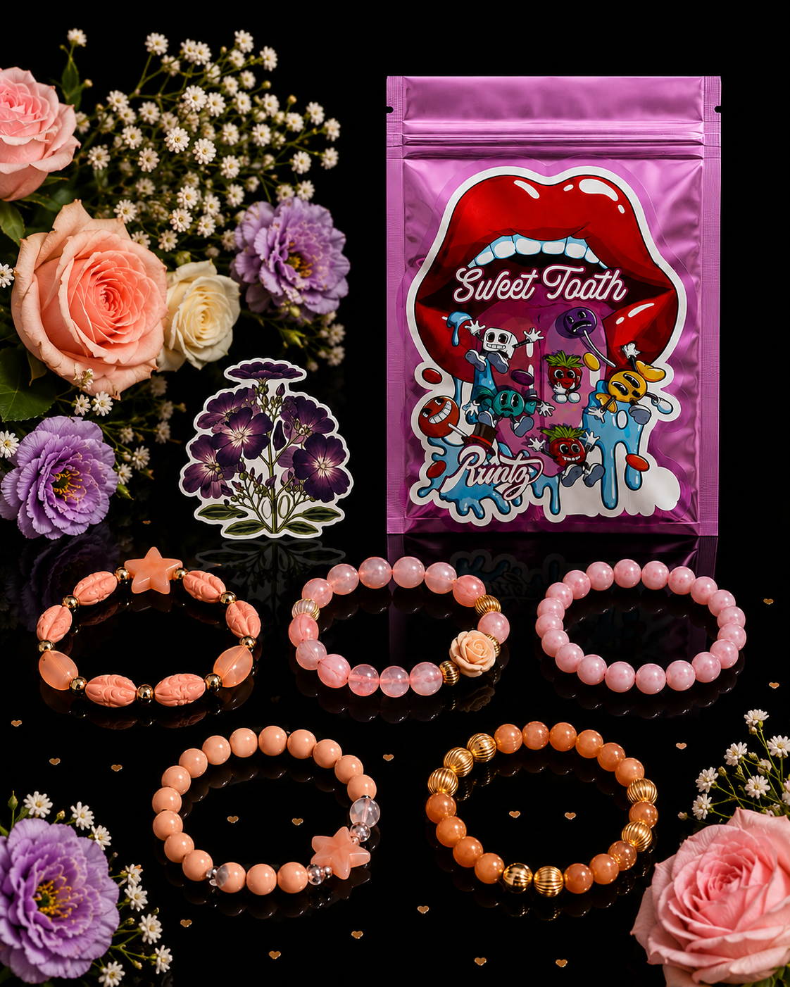 Set of 5 Beaded Stone Bracelets – Pink, Coral & Peach Tones