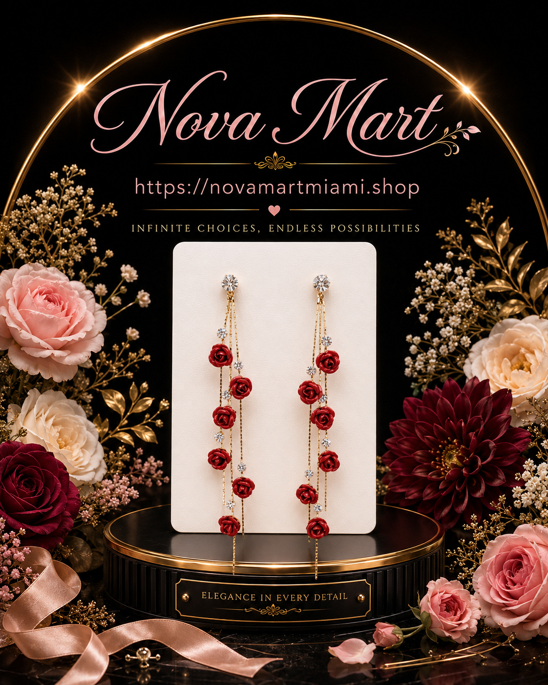 Flower Long Earrings Wild Red Rose Flower Long Rhinestone Tassel Earrings Earrings