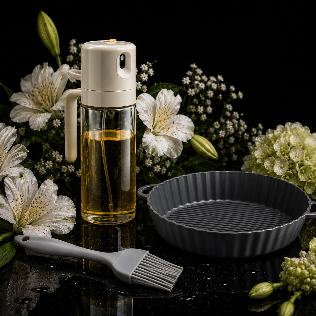 3-Piece Kitchen Cooking Set – 2-in-1 Oil Sprayer, Silicone Basting Brush & Round Grill Pan