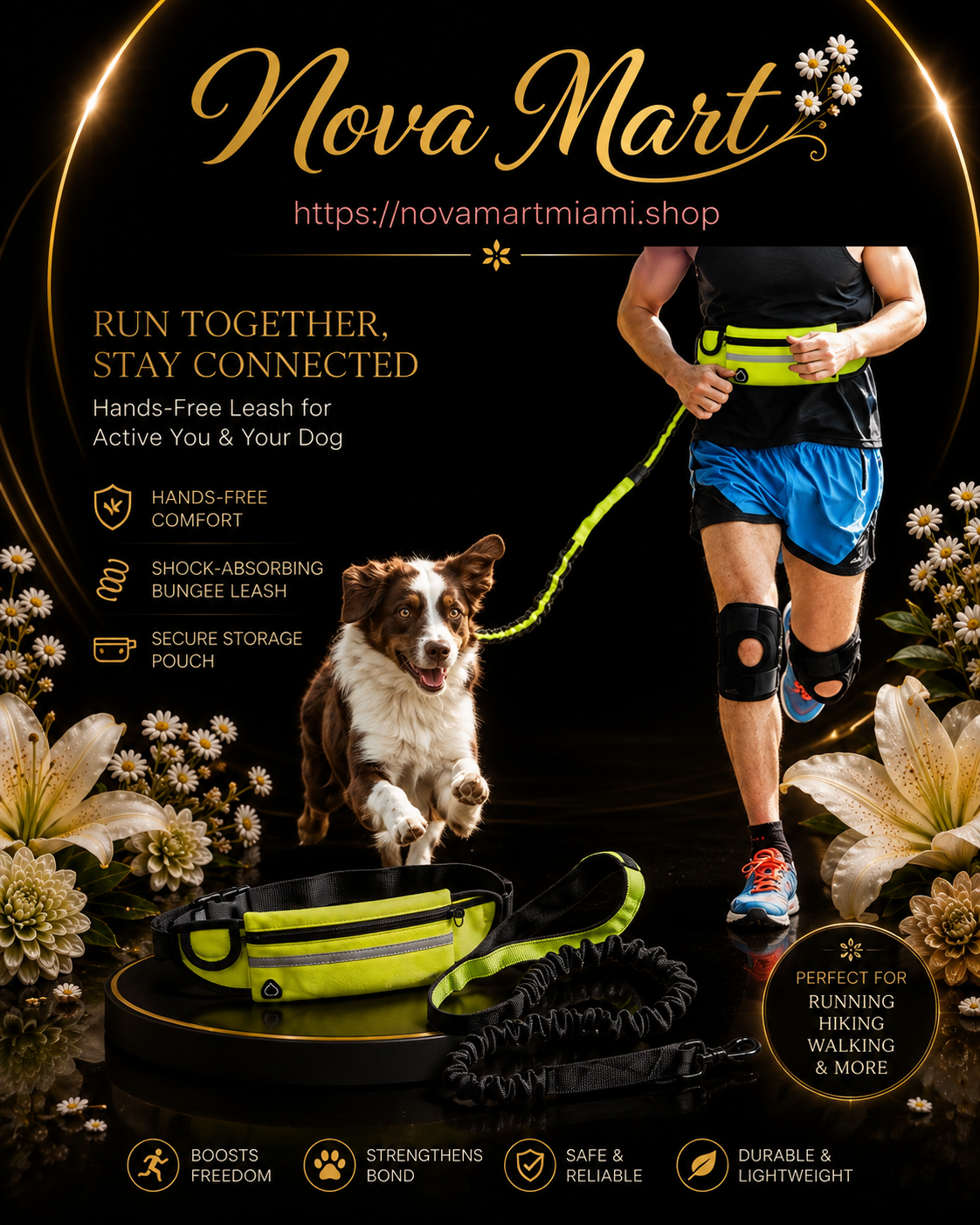 Hands Free Dog Leash Pet Walking And Training Belt With Shock Absorbing Bungee Leash For Up To 180lbs Large Dogs Phone Pocket And Water Bottle Holder