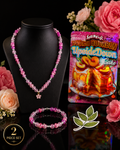 Pink & Purple Crackle Bead Necklace & Bracelet Set with Flower Charm