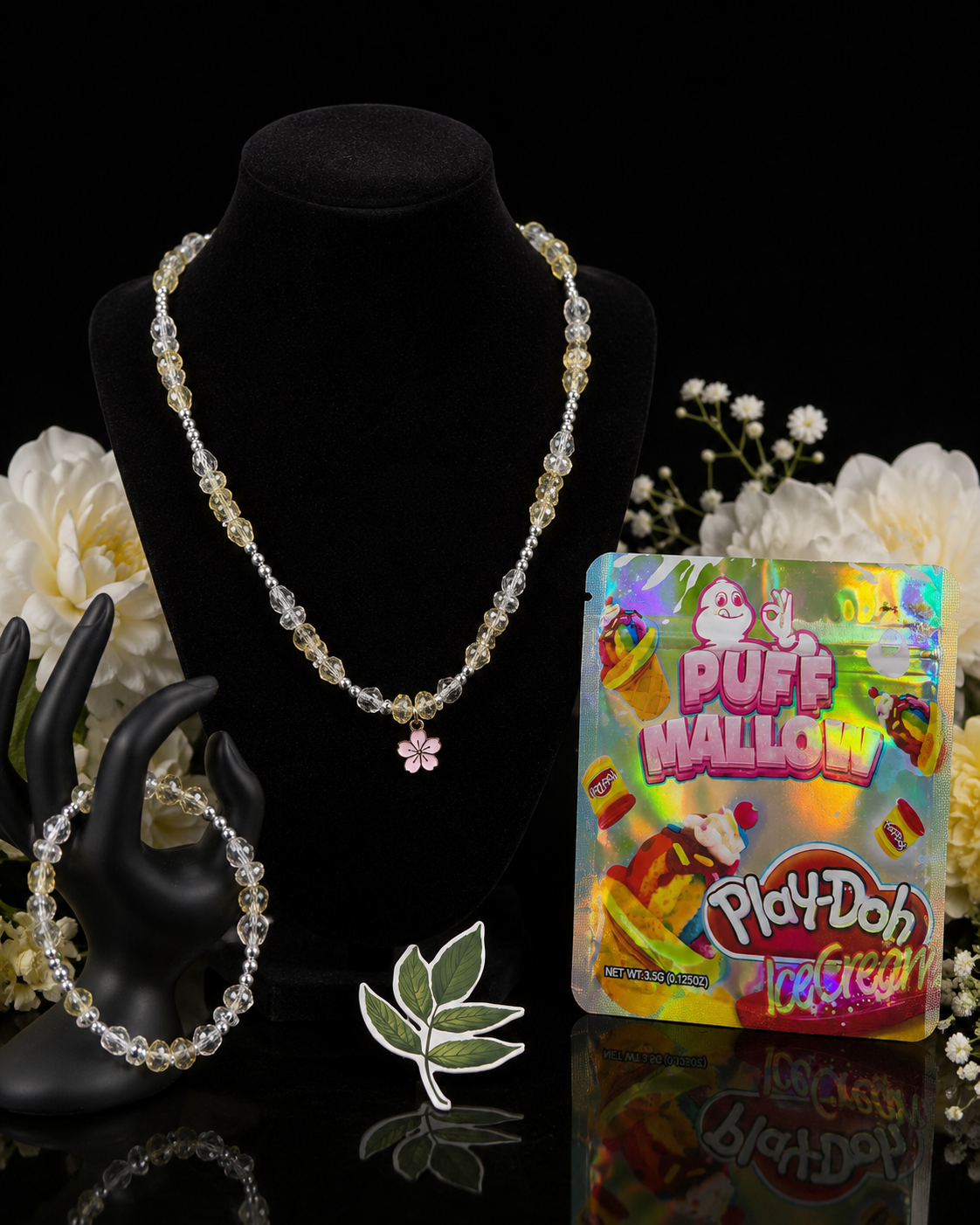 Crystal & Champagne Beaded Necklace & Bracelet Set with Cherry Blossom Charm