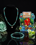 Teal Crackle Bead Necklace & Bracelet Set with Flower Charm
