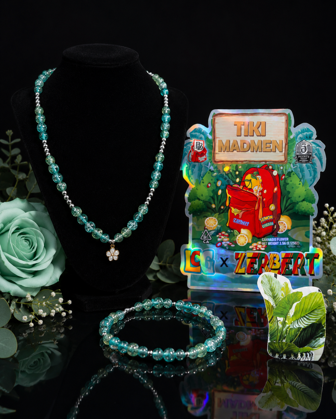 Teal Crackle Bead Necklace & Bracelet Set with Flower Charm
