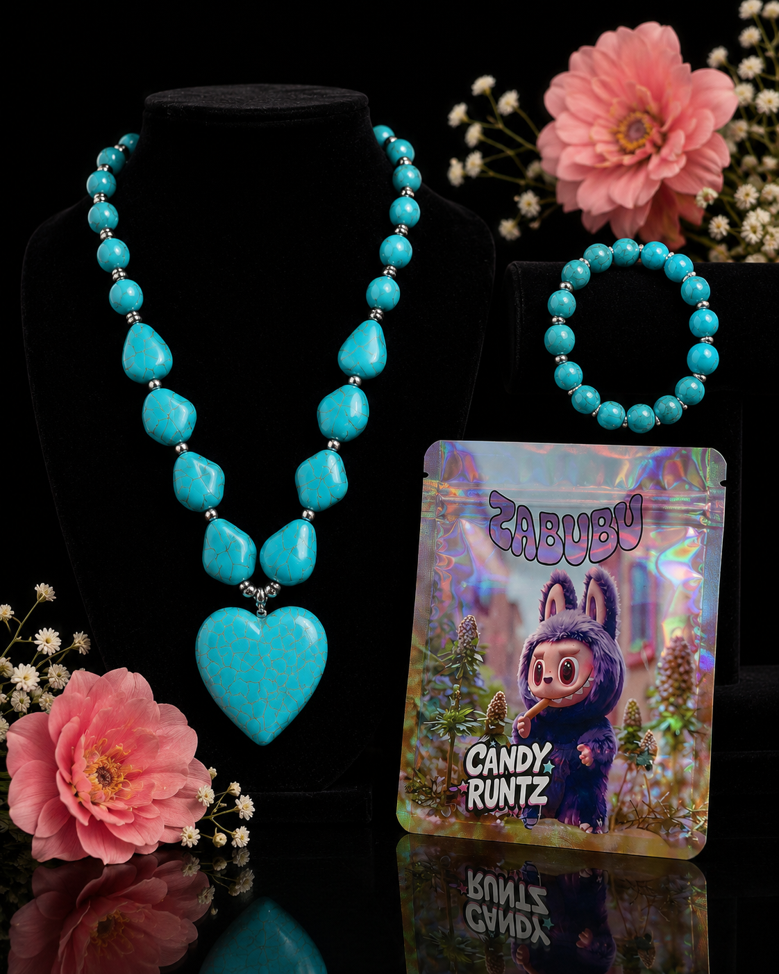 Turquoise Beaded Heart Necklace & Bracelet Set – 2 Piece Jewelry Set