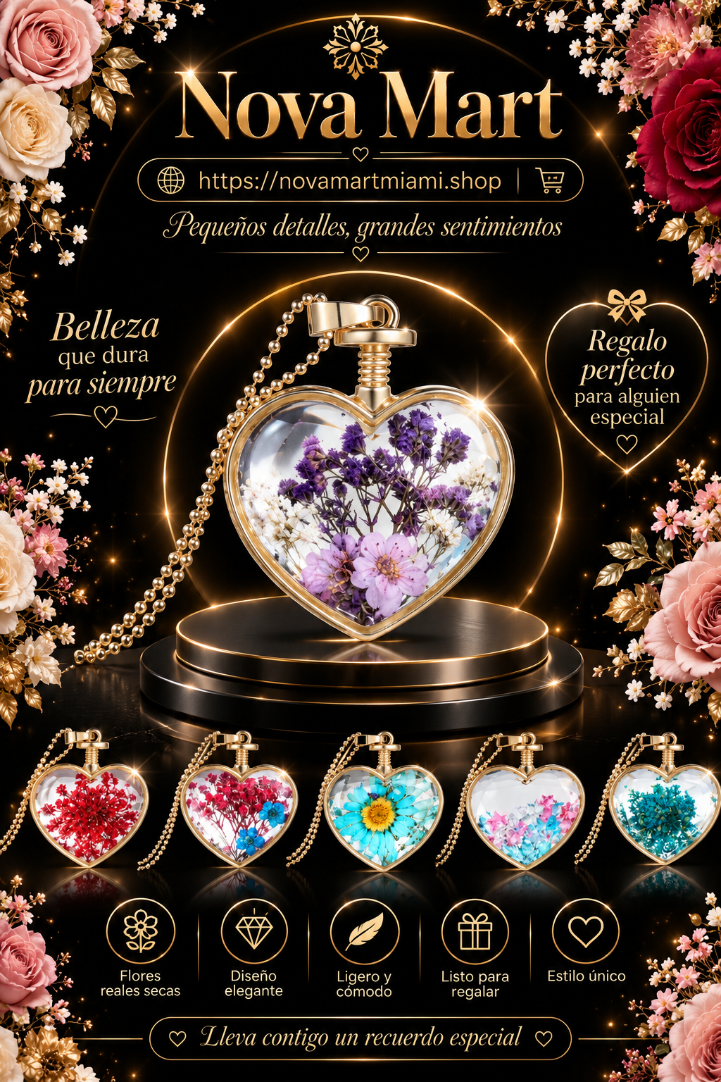 Round Pendant Necklace Gold Silver Color Bead Chain Colorful Specimen Dried Flower Necklace