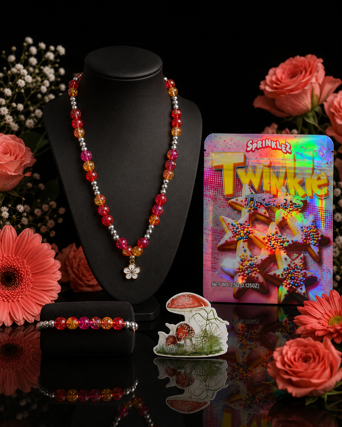 Multicolor Crackle Bead Necklace & Bracelet Set with Flower Charm